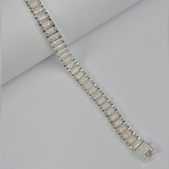 925 Sterling Silver Mex. Cuban Link Bracelet CZ Accents Iced Style Manilla 18cm